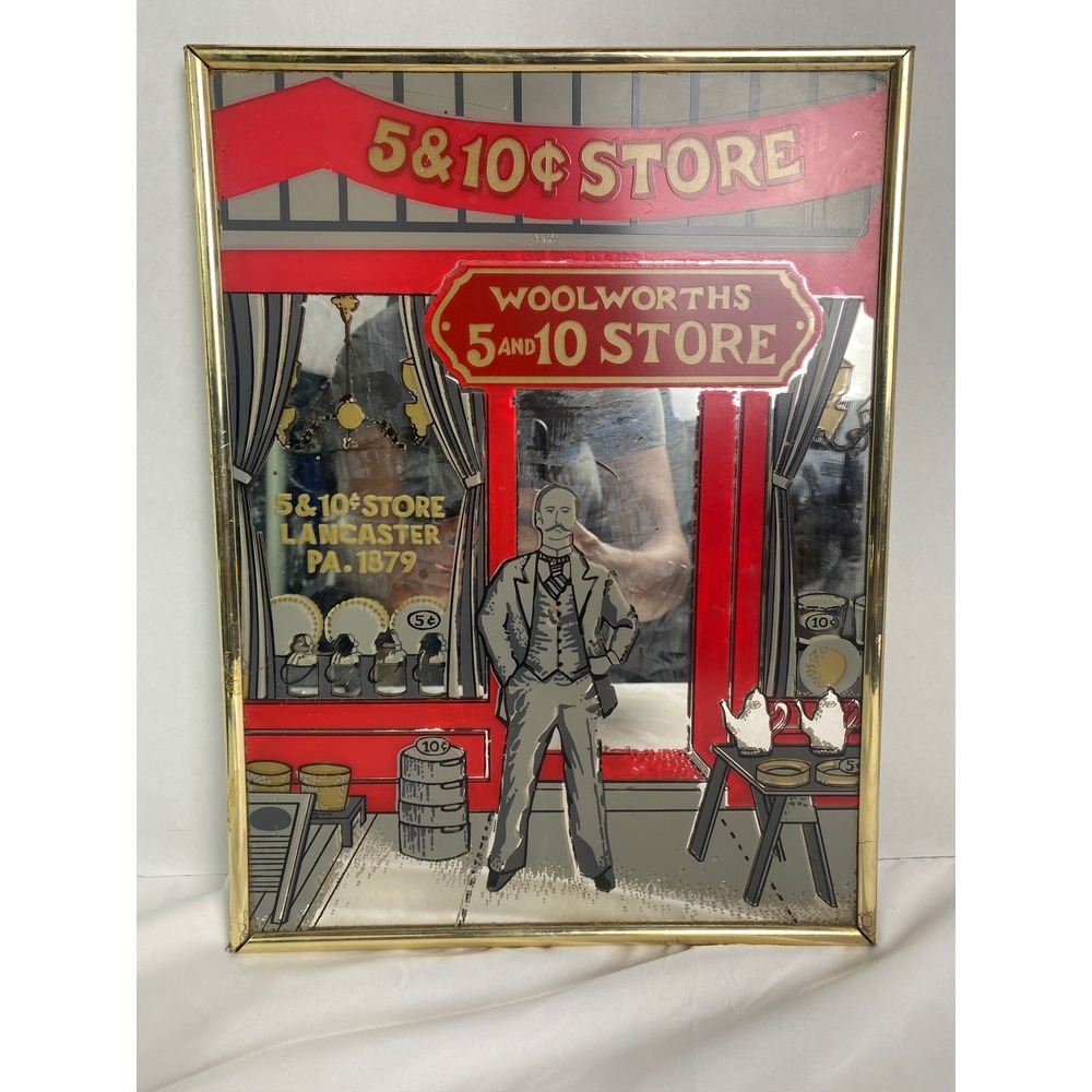 VTG Marsel Mirror Woolworths 5 and 10 Store Red Gold 12x16 Framed Bar Sign